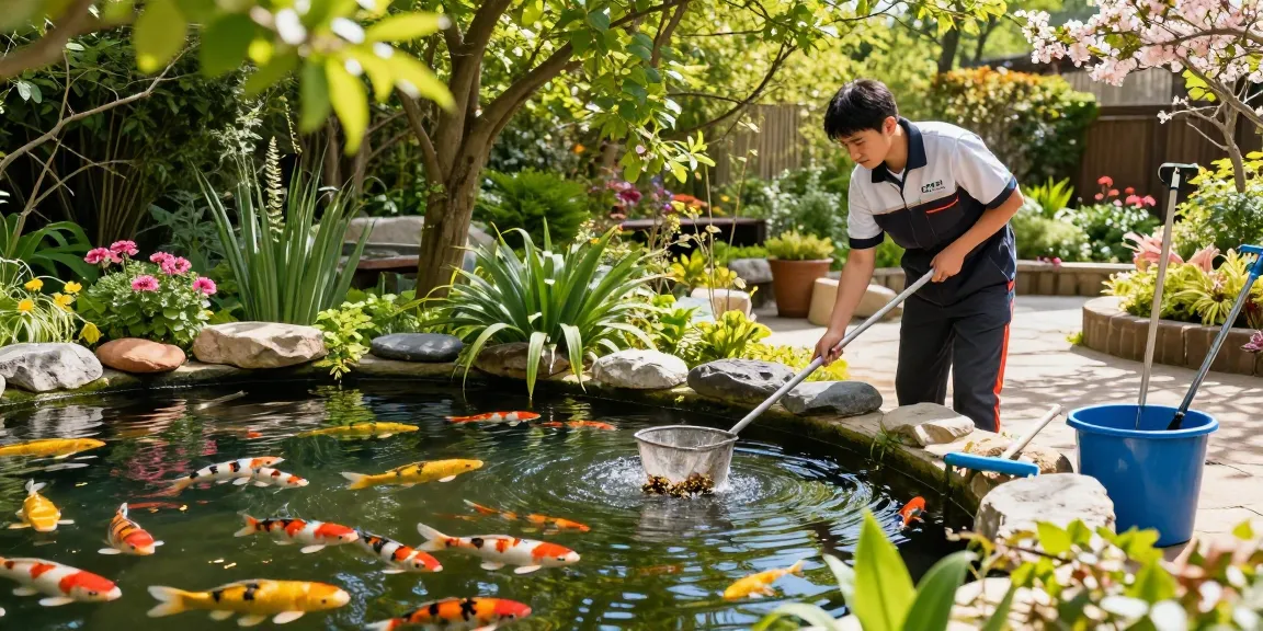 Pond cleaning companies maintain vibrant backyard ponds with koi fish and aquatic plants.