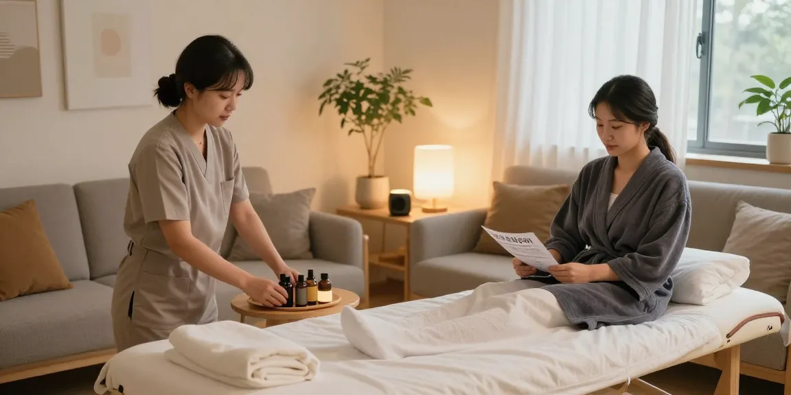 Relaxing massage scene showcasing 부천출장안마 services with professional therapist in calm living room setting.