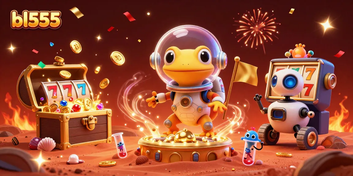 Engage in thrilling gameplay with bl555 at a golden casino on Mars, featuring vibrant scenes and animated characters.