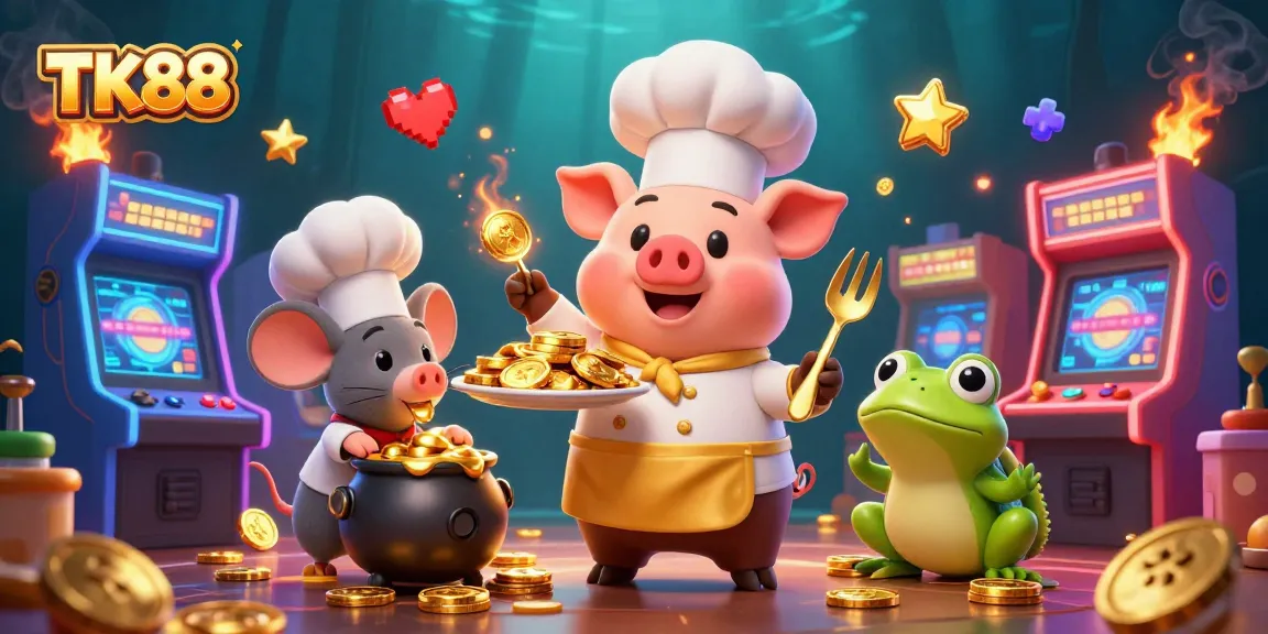 Join the fun at TK88, where a chef pig serves up gold coins amidst vibrant gaming elements.