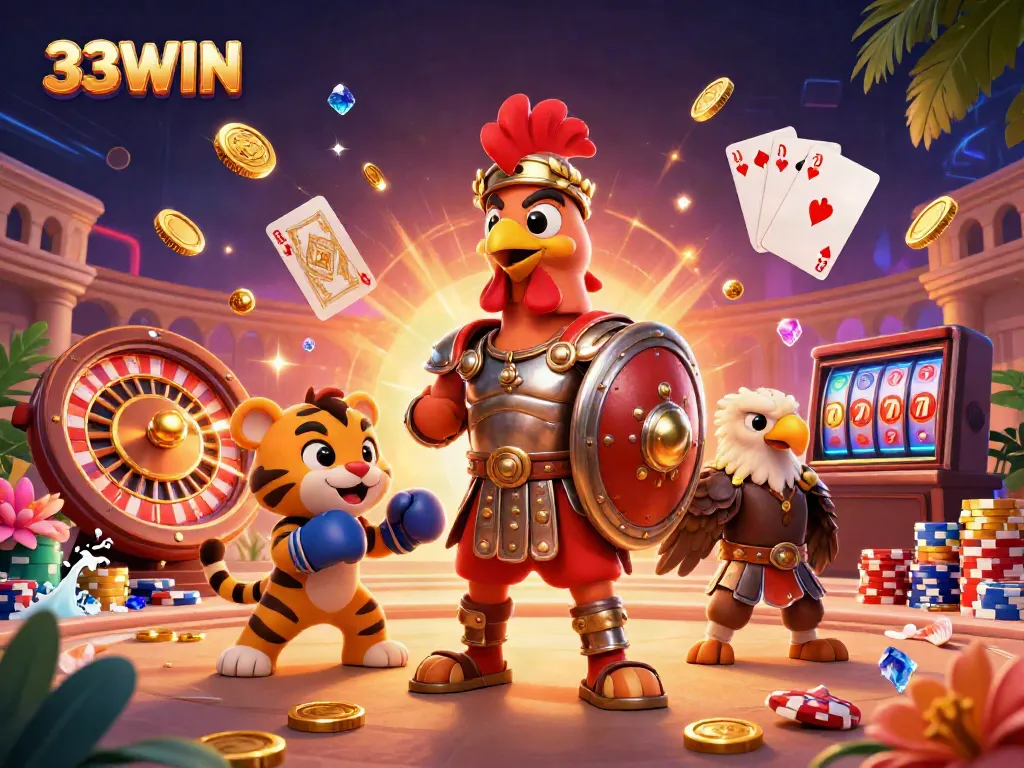 Join the thrilling world of 33WIN with vibrant characters and casino excitement in a dynamic scene.