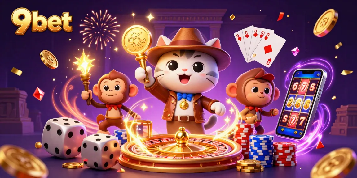Experience thrilling wins with 9bet's dynamic casino adventure featuring cartoon characters and vibrant casino elements.