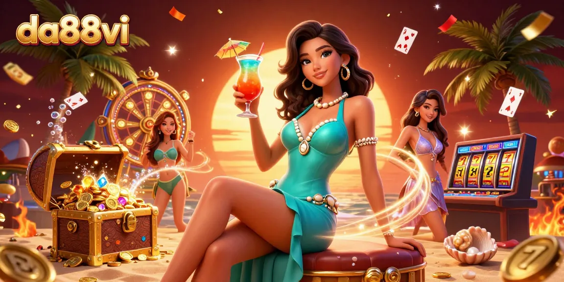 Engage with da88vi's thrilling casino experience featuring a glamorous Asian woman enjoying tropical cocktails amidst vibrant elements.