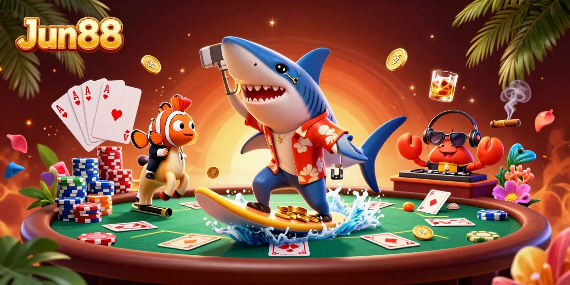 Experience Jun88's thrilling casino action with vibrant characters amidst a poker scene.