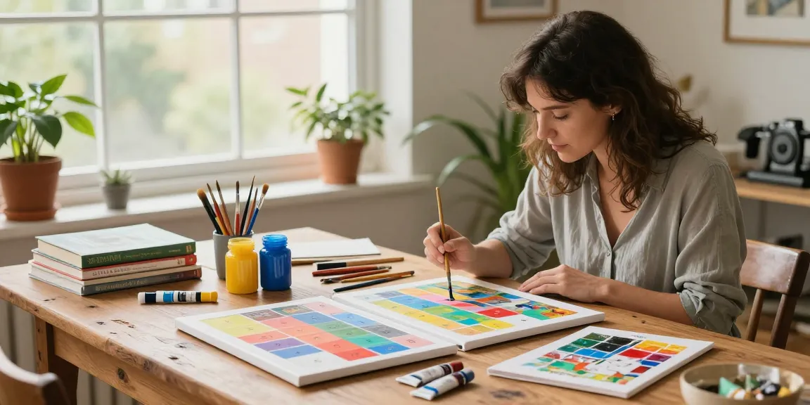 Adult paint by number kit artistically arranged on a table with vibrant colors and natural light.