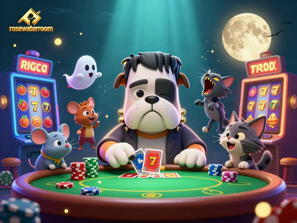 Engaging scene at rosewaterroom casino with 3D characters playing poker amidst vibrant slot machines.