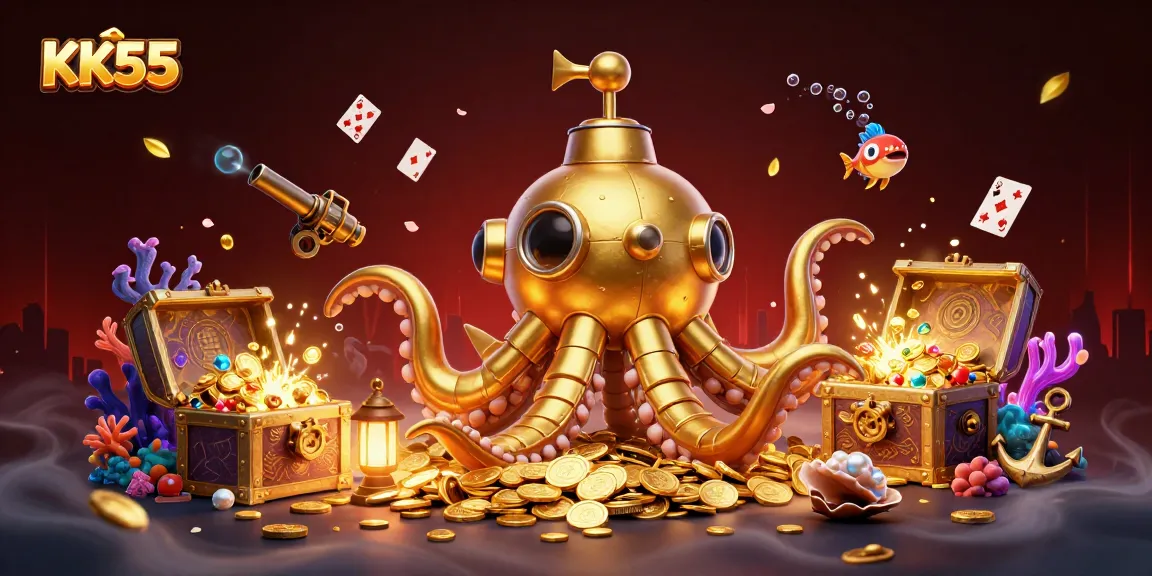 Experience the thrill of winning with KK55's underwater casino adventure featuring gold coins and treasures!