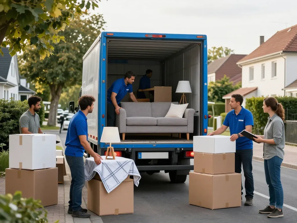 Engagiertes Team von Umzugsunternehmen Hannover, das Möbel in den Lastwagen lädt, für ein reibungsloses Umzugserlebnis.