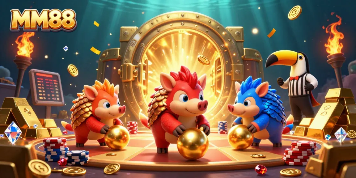 Experience thrilling gameplay at MM88 with pangolins competing among poker chips and golden treasures.