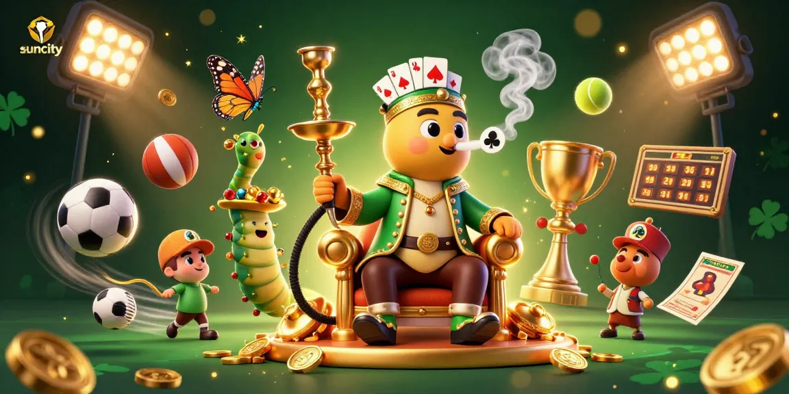 Experience excitement at Suncity with the caterpillar master, dynamic sports, and golden treasures in a vibrant casino scene.