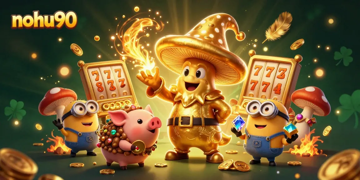 Experience the excitement of jackpots and slots at nohu90 with an enchanting wizard and treasure-hunting pig.