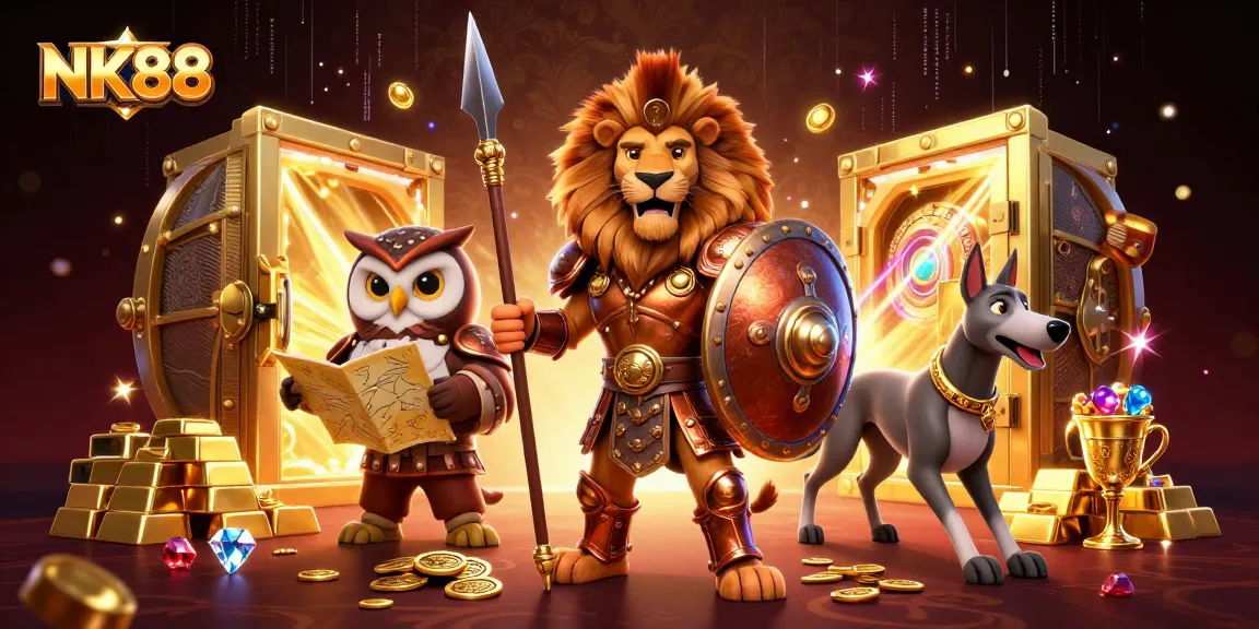 Engage with NK88 at this dynamic casino scene featuring a Spartan lion, tactical owl, and swift greyhound amidst gold treasures.