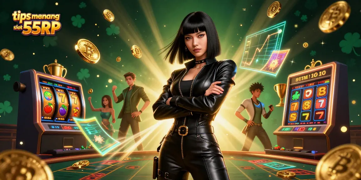 Win big with tips menang slot 55RP in an ultra-detailed online casino illustration featuring dynamic slot elements.