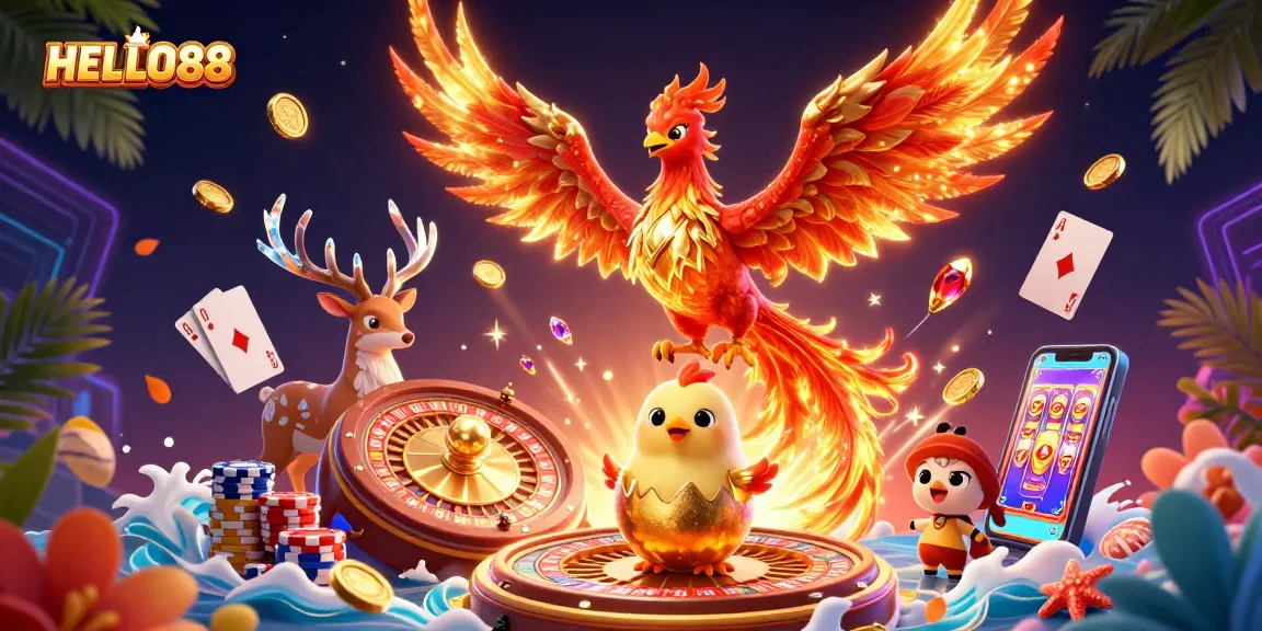 Experience the thrill at HELLO88 with vibrant casino action in a magical illustration.