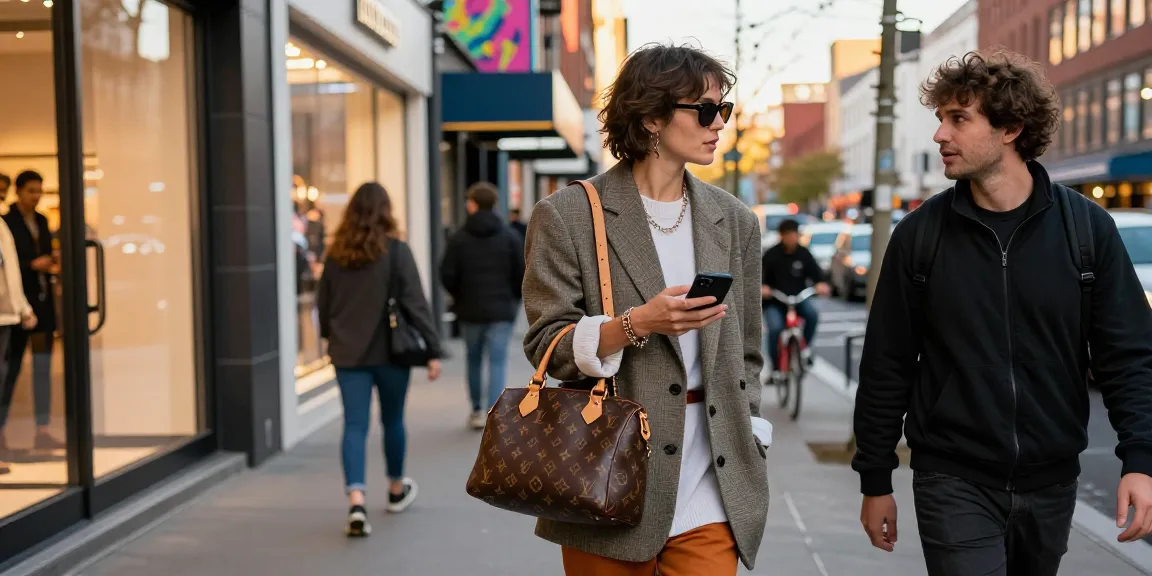 Fashionable individual showcasing 명품 레플리카 handbag in urban setting, vibrant street life.