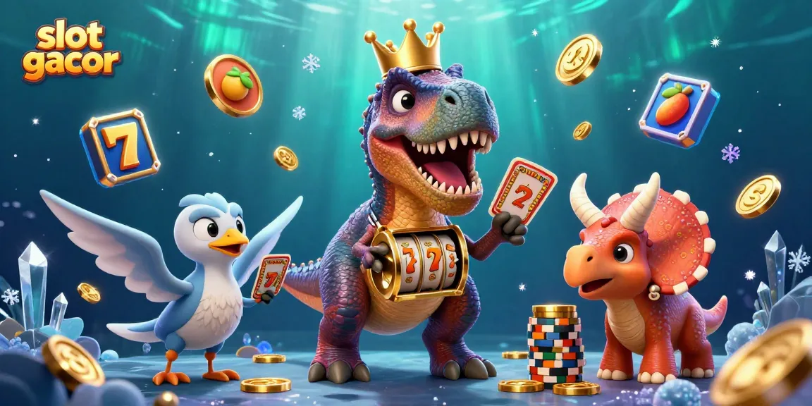 Menangkan permainan slot gacor dengan simbol keberuntungan, T-Rex, dan chip emas berkilau.