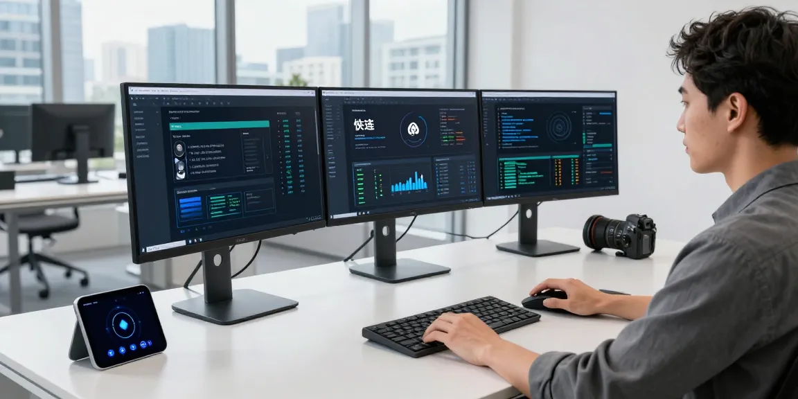 快连 network acceleration software being optimized by a developer in a modern office setting.