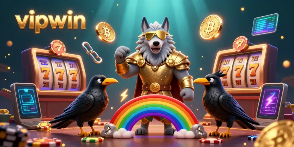 Experience thrilling vipwin gaming with Odin and ravens before a colorful chip bridge.