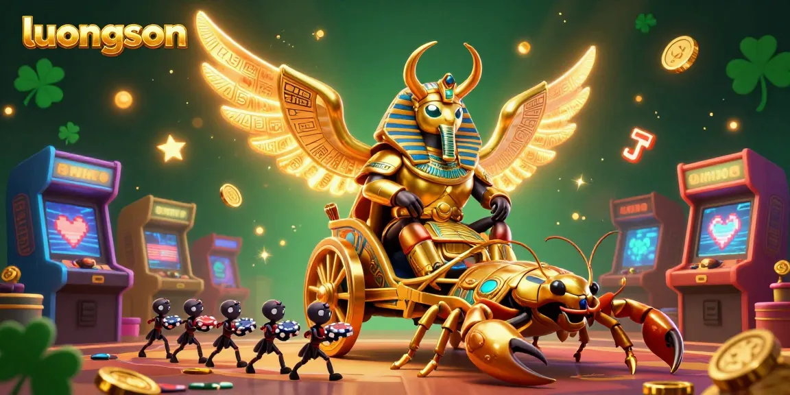 Experience thrilling gaming action with luongson's vibrant casino scene featuring poker chips and golden scarabs.
