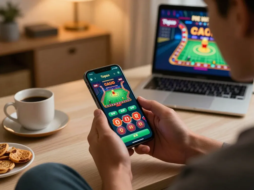 Player enjoying the Topzo app on a smartphone, engaging in vibrant casino gameplay at home.
