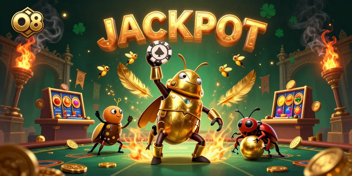 Experience the excitement at O8's casino with a vibrant 3D scene featuring victorious beetles, poker chips, and dazzling symbols.