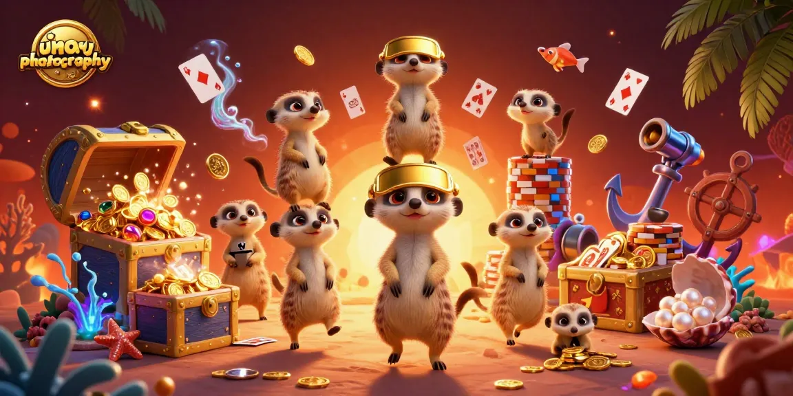 Meerkats operate a vibrant casino scene with gold coins and glowing cards, highlighting umoyaphotography.