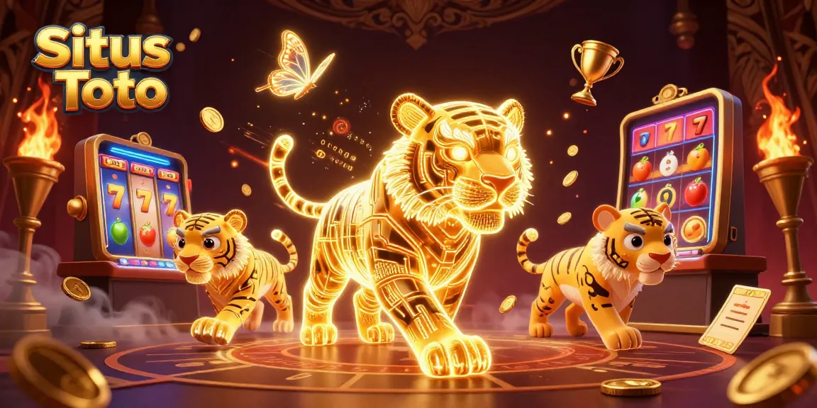 Situs Toto showcases a dazzling 3D casino scene with a glowing golden tiger and dynamic slot elements.