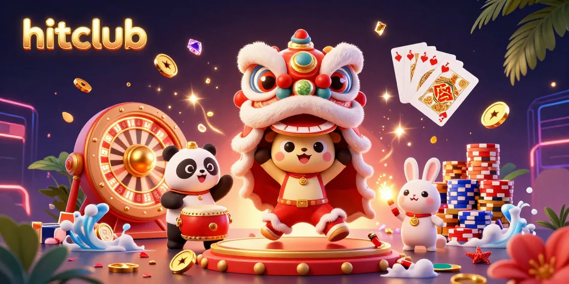 Experience the hitclub's vibrant slot gaming with a 3D lion dance and sparkling treasures!