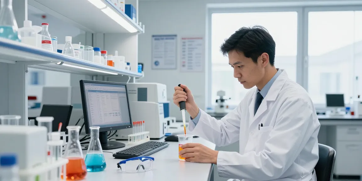 Analytical chemist in a lab examining chemical reagents, highlighting Ozon Chemical as a leading chemical supplier in Europe.