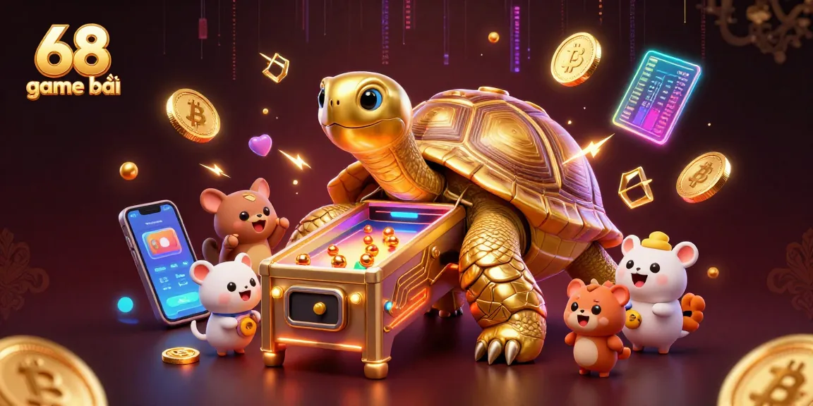 Engage with 68 game bài in this vibrant 3D casino scene showcasing excitement and cryptocurrency elements.