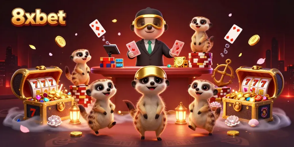 Experience the vibrant casino world of 8xbet with playful meerkats engaging in thrilling games.