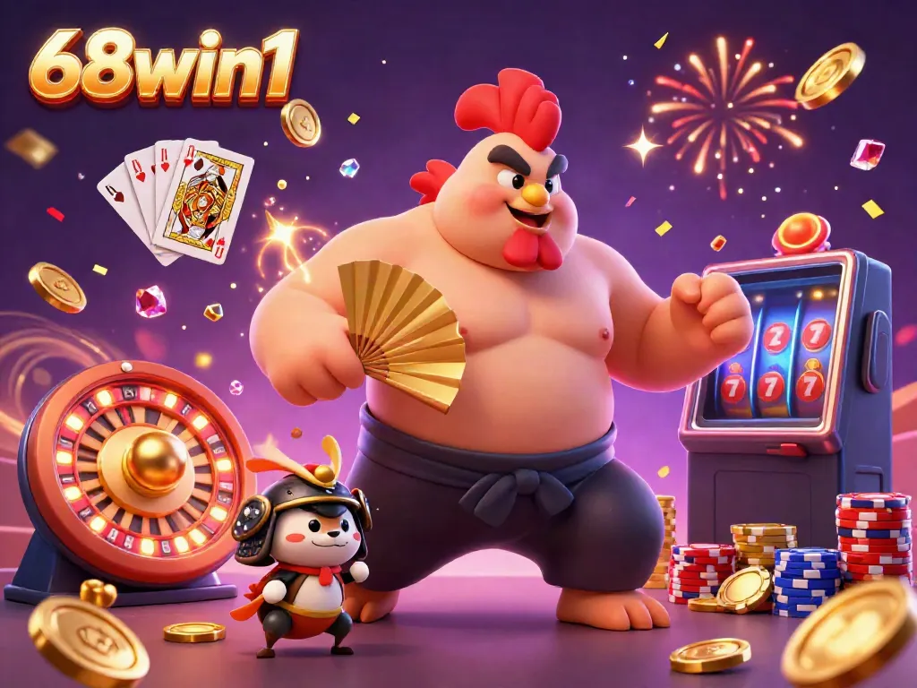 Experience thrilling gameplay at 68win1 with an exciting casino scene featuring a powerful sumo rooster and captivating poker elements.