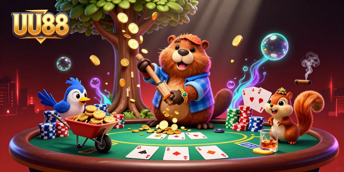 Experience thrilling poker action at UU88 with cartoon characters interacting in a vibrant casino setting.