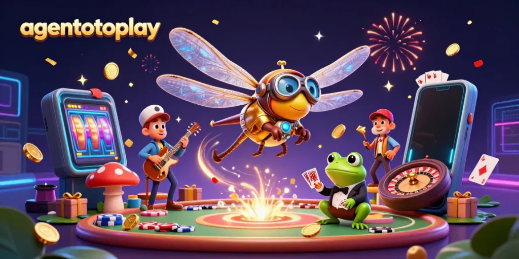 Experience thrill with agentotoplay as a dragonfly pilot hovers over a lily pad casino surrounded by lively characters and games.
