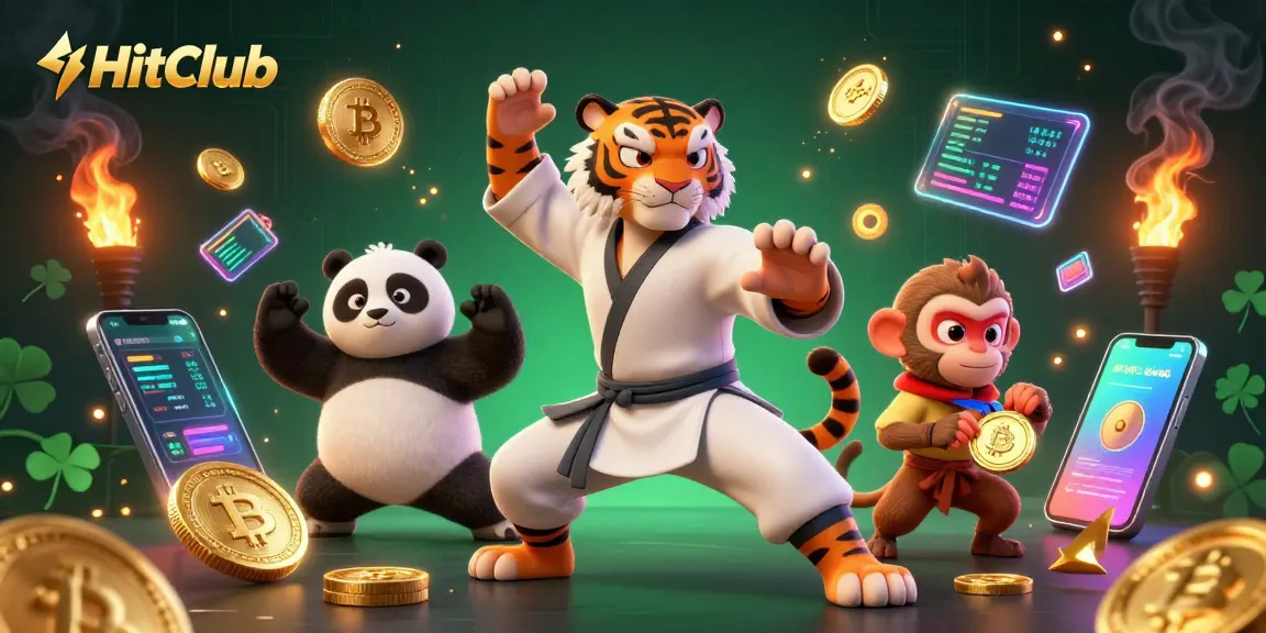 HitClub captures thrilling casino vibes with kung fu master tiger amidst glowing crypto elements.