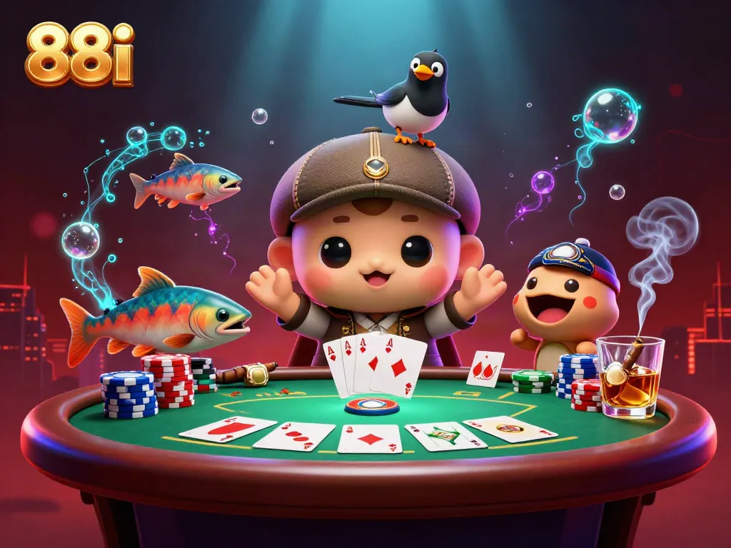 Engage with 88i-themed fun featuring a cute Loch Ness monster and poker elements.