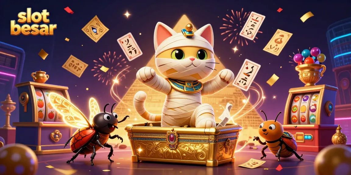 Spin the reels with slot besar as the mummy cat and golden beetle bring luck in a vibrant casino.