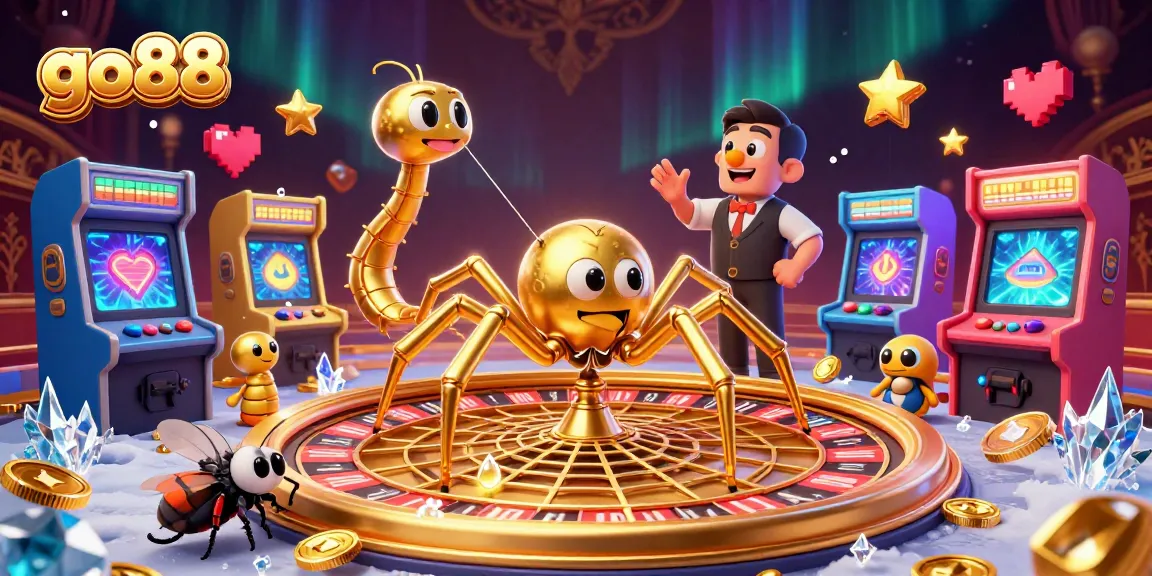 Engage in thrilling gaming at go88 with a captivating scene featuring a golden spider and colorful gaming machines.
