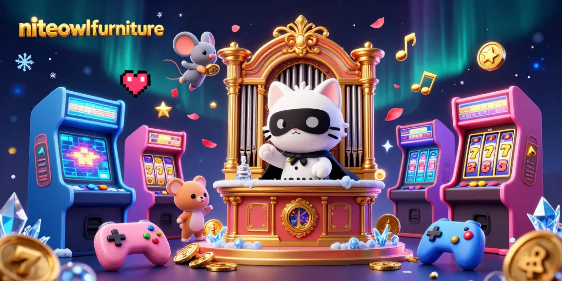 Niteowlfurniture illustration showcasing a vivid casino scene with a whimsical cat and colorful slot elements.