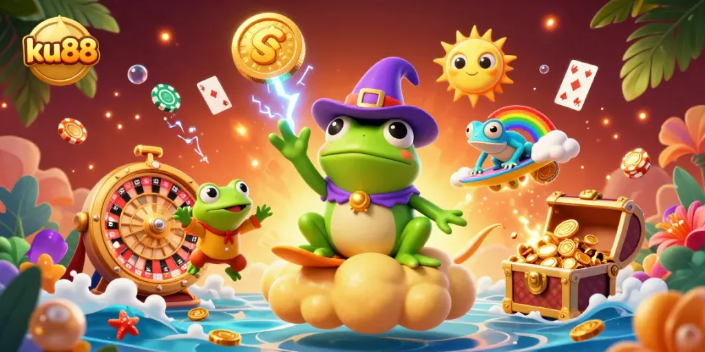 Spin the reels with ku88 and enjoy a vibrant casino experience in an immersive 3D illustration.