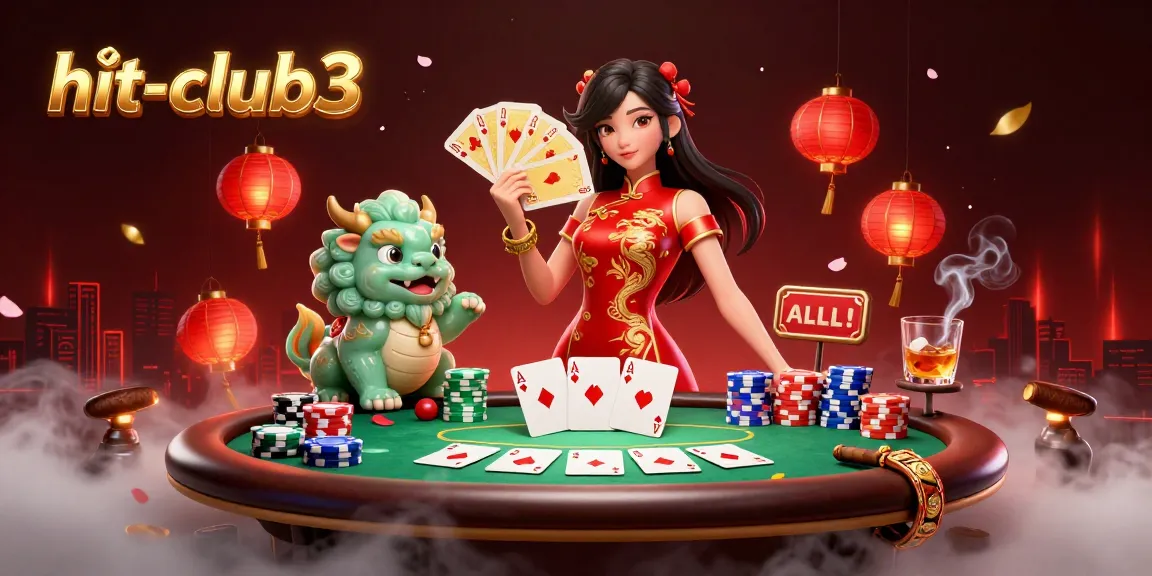 Win big with hit-club3 in a vibrant 3D casino scene featuring poker chips and glowing lanterns.