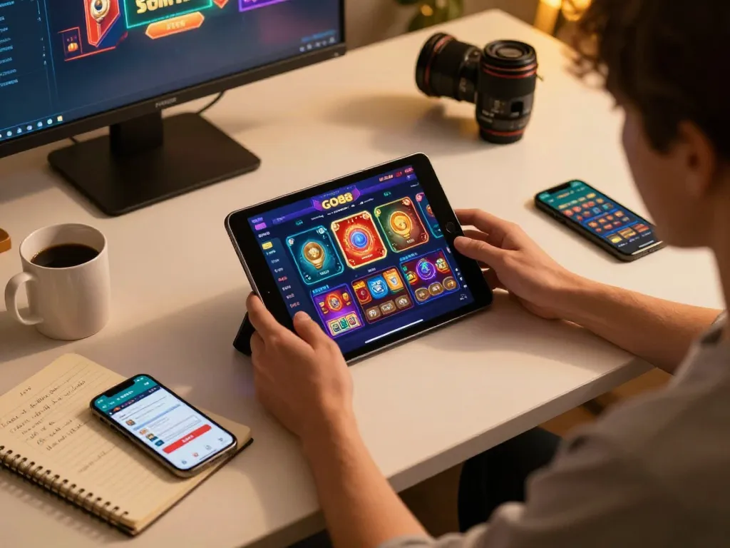 Engaging in GO88 online gaming with tablet showcasing vibrant casino games in a cozy setup.