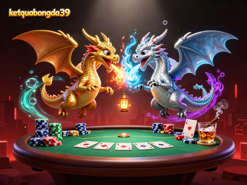 Casino action scene with twin dragons and poker elements showcasing ketquabongda39.