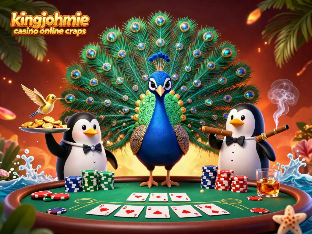 Engage with kingjohnnie casino online craps, featuring a lively scene of peacock, penguin, and hummingbird amidst vibrant casino elements.