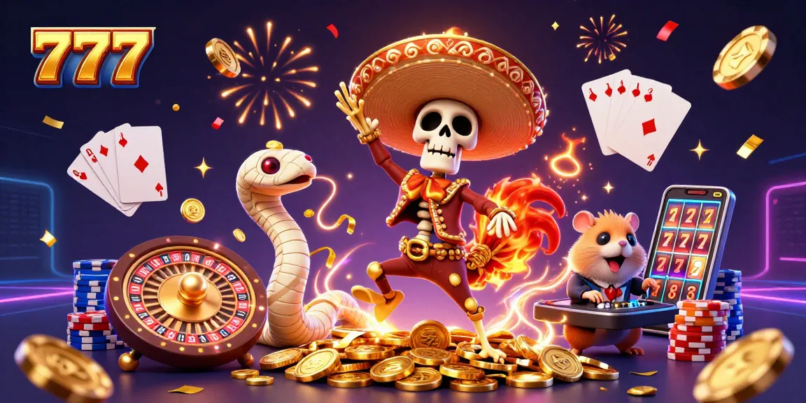 Experience jackpot excitement in 777-themed casino with animated characters and gold coins.