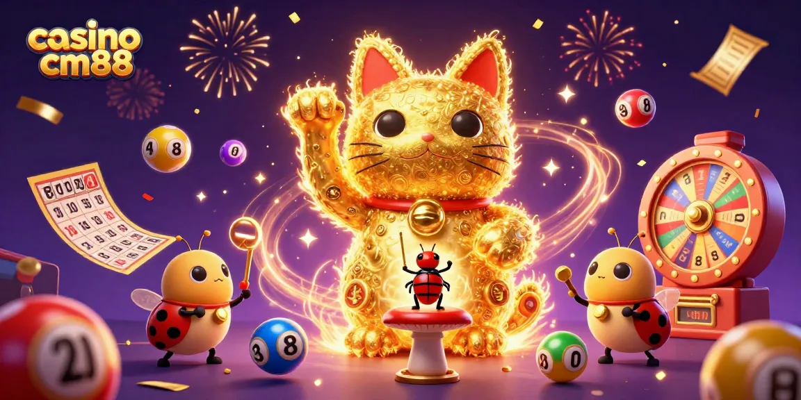 Engage with casino cm88's vibrant atmosphere featuring a lucky cat and colorful lottery elements.