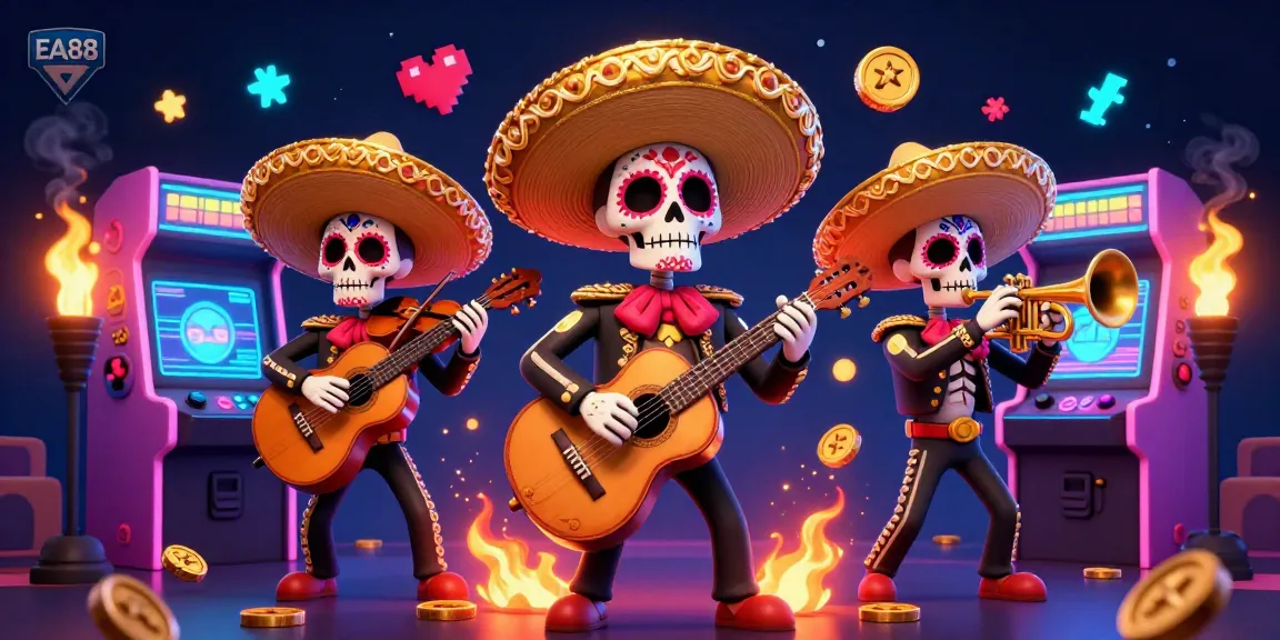 Experience thrilling gaming with ea88's Day of the Dead mariachi band in a vibrant casino-inspired scene.