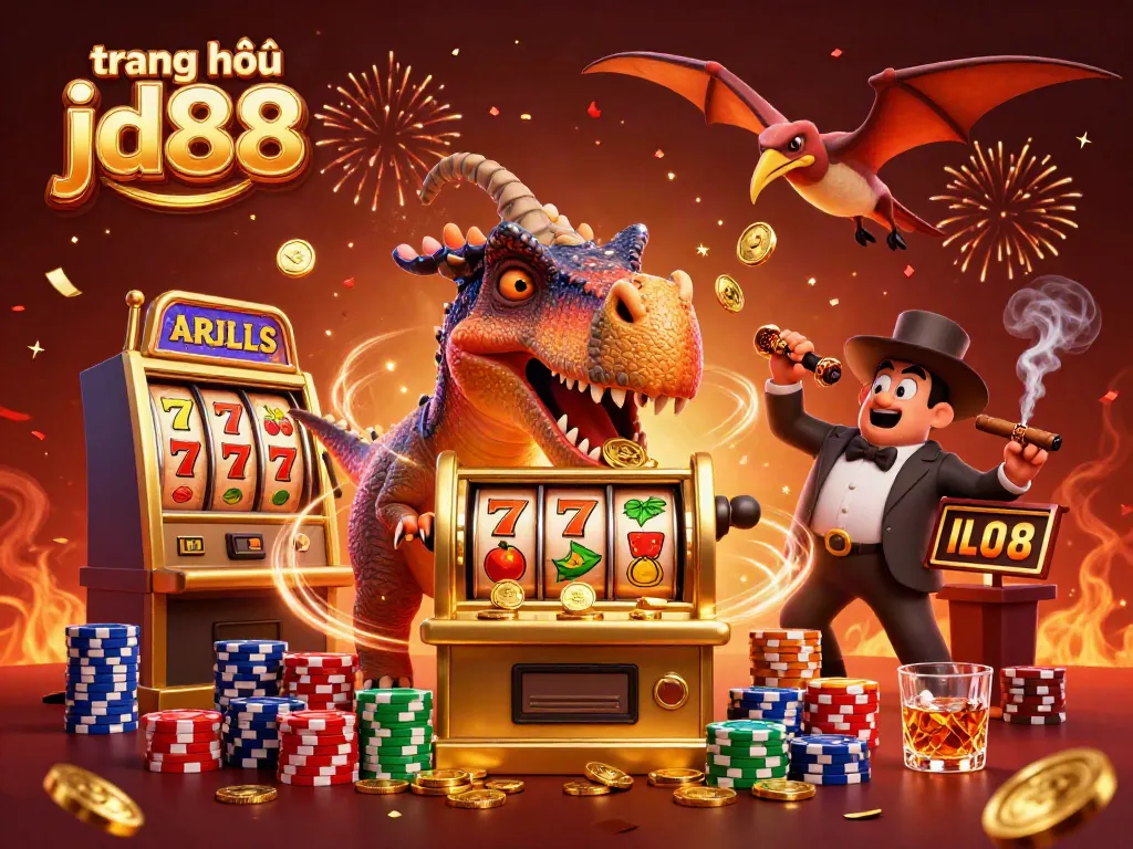 Experience the thrill at trang chủ jd88 with a vibrant casino scene featuring dinosaurs, gold coins, and slot machines.