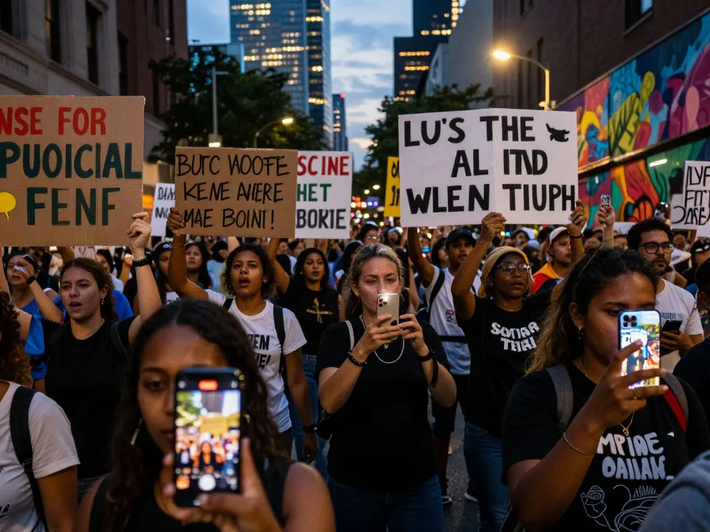 Huge crowds and global attention during a vibrant urban protest scene showcasing diverse voices and unity for social change