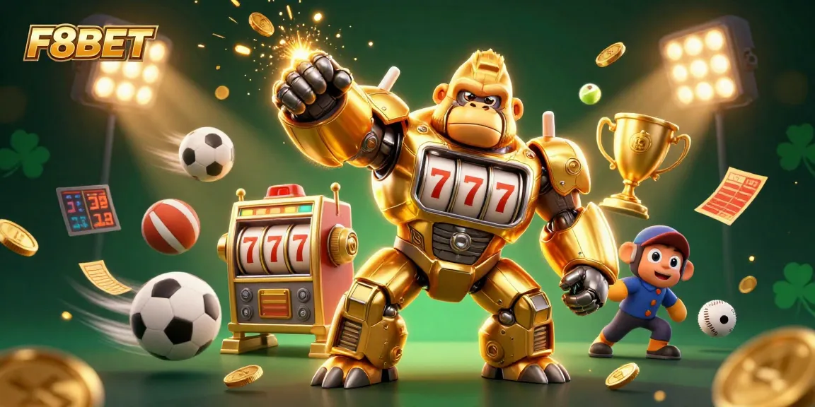 F8BET showcases thrilling gaming with a golden gorilla mech and dynamic sports elements.